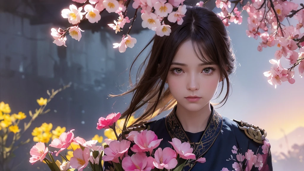 32k, Masterpiece, Highest quality, One girl, Brown Hair, Detailed eyes, flower,Freesia, Pink and navy style,A dreamy, romantic piece,Pale yellow, Mysterious Leaves,A playful arrangement,Fantasy,High Contrast,Ink strokes,explosion,Exposure, Impression of pink and navy tones,Abstract,((Watercolours by John Berkey and Jeremy Mann )) Brush strokes,Negative Space, Tyndall effect,