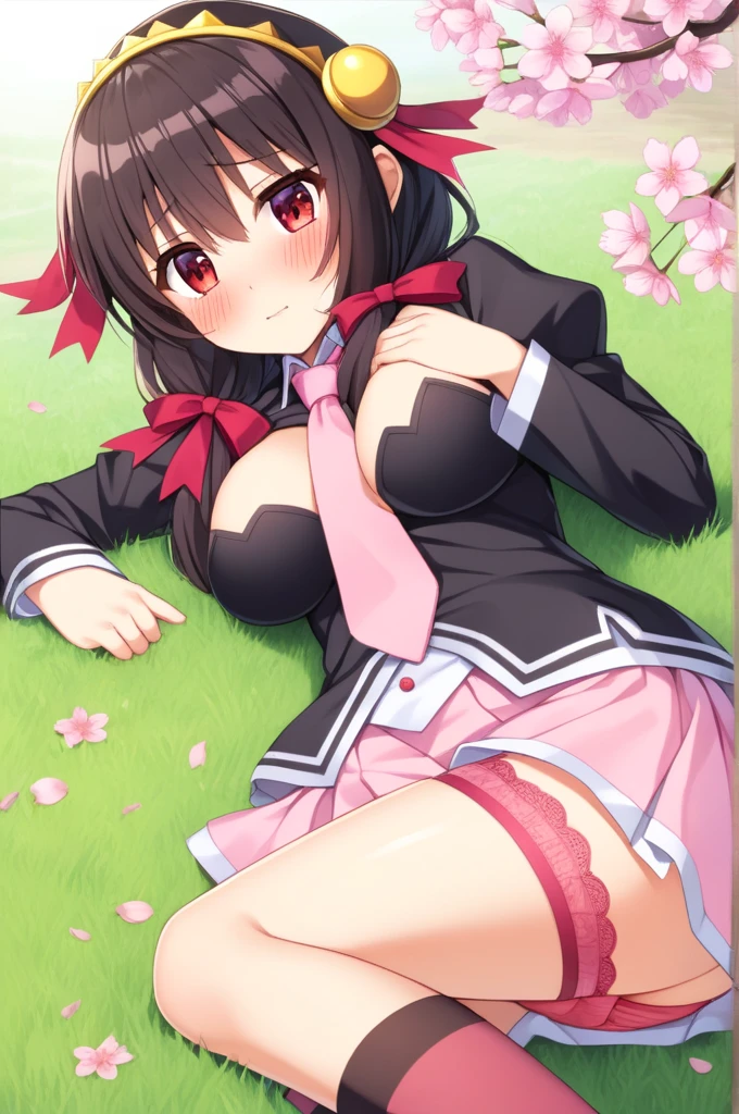 alone, One girl, Embarrassed face, View your viewers, Crown Blade, hair ornaments, Hair Ribbon, Pink tie, Black long sleeve, Pink Skirt, Knee socks, Cleavage, grassland、Black Hair、Red Eyes、(blush:1.5)、Sleeping on your back、cherry blossoms、(I can see your pink underwear:1.5)