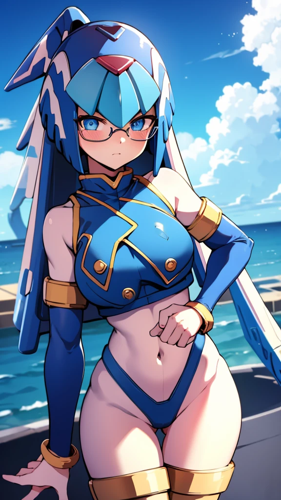 Leviathan_Megamanz, 1 Girl ,Looking at the viewer , blue hair, Blue eyes,Clouds background , Blushed ,  , Wedding ring, Glasses