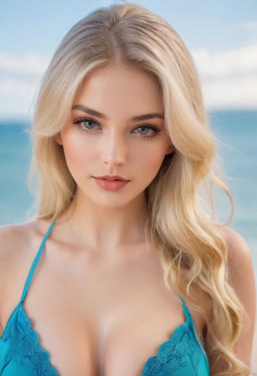 Leila、、(Russian women)、(Cute face)、(((thick upper lip)))、Thin contours、Grey Eyes、、Blonde medium-long hair、Big Breasts、Model Style、(((Waist-down angle)))、bikini