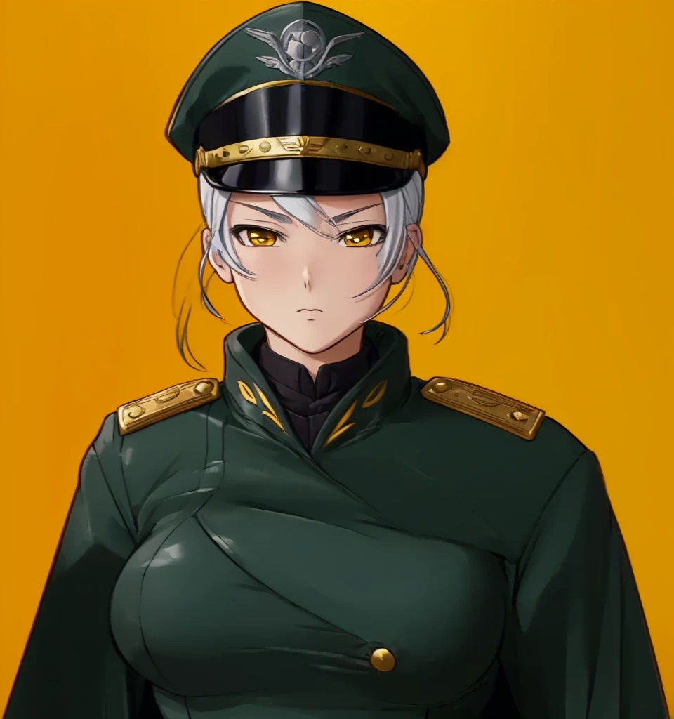 (1girl:1.3), (exceptional, best aesthetic, new, newest, best quality, anime, waifu:1.2), master piece, best quality, ultra detailed, absurdres, highres, colored, good anatomy, grey hair, thin body, woman breast, sexy, military uniform, peak cap, no insignia, no medals,