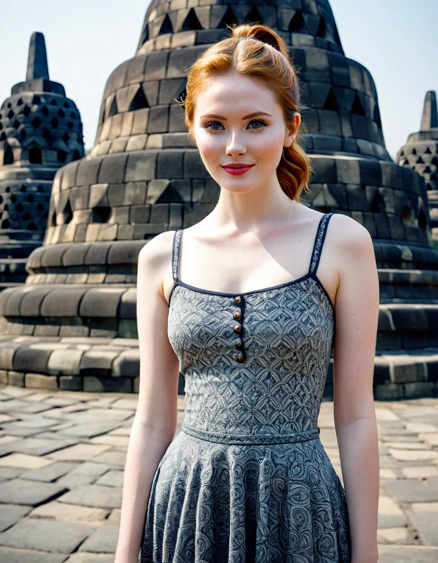photography full body portrait of very beautiful realistic girl, European girl, standing in front of Borobudur temple, porcelain skin, very fair skin, very pale skin, redhead, wavy, ponytail, very detail skin texture, hazel eyes, slanted eyes, small nose, small nostril, think curved eyebrow, thick bottom lip, seductive gaze, happy face, unique face, wear casual dress, detail photo, realistic photo, master piece picture, sharp picture, outdoor clear daylight, Borobudur temple background