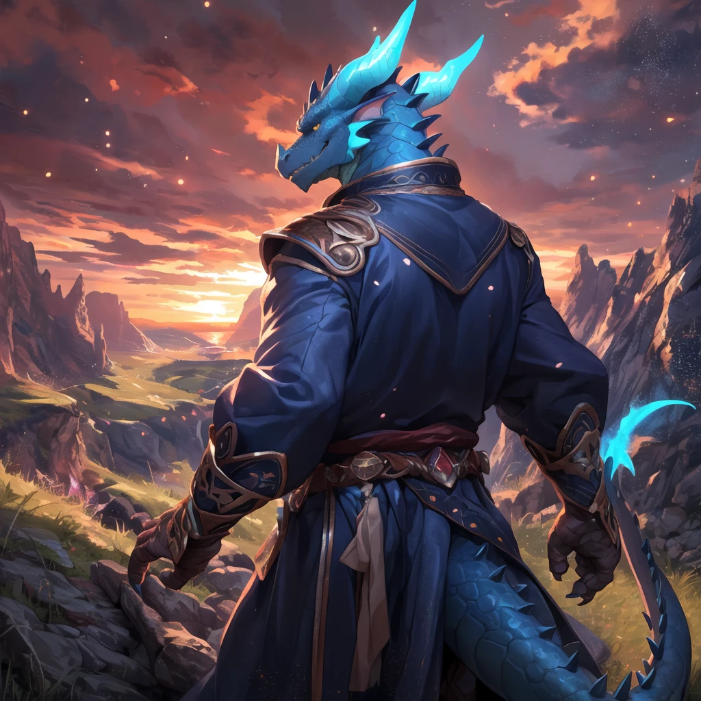 solo, male, mature male, (male anthro dragon:1.3), (blue body:1.1), (standing:1.3), (kemono:1.2), (sunset:1.23), armor, (robe), (looking back:1.2), raised head, (rear view), landscapes, cliff, dawn, horizon, detailed eyes, portrait, dragon tail, horn, (detailed eyes), (outside:1.35), grass, hill, (cloud), (particles ,firefly, blue glowing:1.3), detailed background, 8k hd, (dark shadows, wide dynamic range, hdr, low light:1.2), by Pino Daeni, barazoku, [by dagasi, by zixiong], cygames, by null-ghost, (scenery)