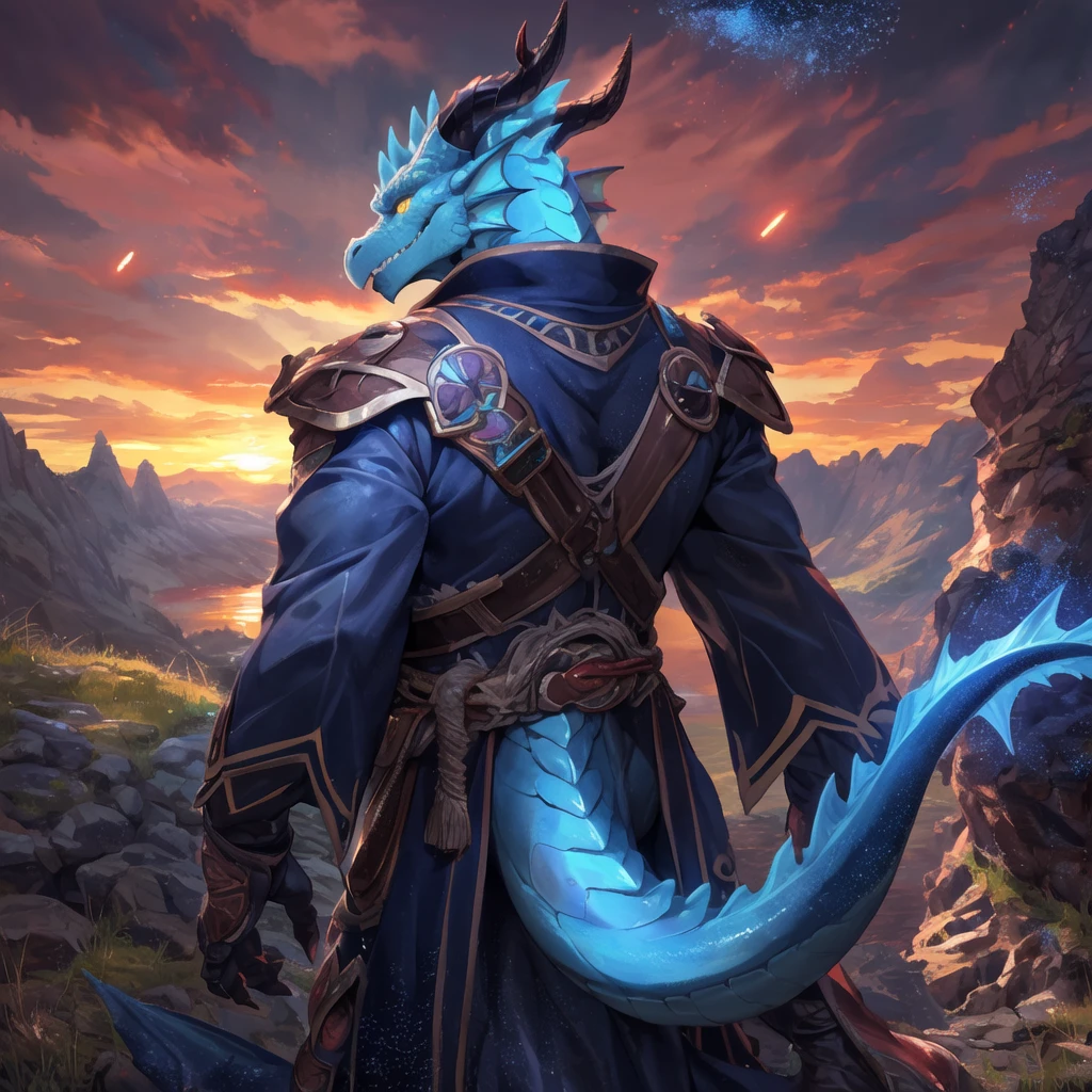solo, male, mature male, (male anthro dragon:1.3), (blue body:1.1), (standing:1.3), (kemono:1.2), (sunset:1.23), armor, (robe), (looking back:1.2), raised head, (rear view), landscapes, cliff, dawn, horizon, detailed eyes, portrait, dragon tail, horn, (detailed eyes), (outside:1.35), grass, hill, (cloud), (particles ,firefly, blue glowing:1.3), detailed background, 8k hd, (dark shadows, wide dynamic range, hdr, low light:1.2), by Pino Daeni, barazoku, [by dagasi, by zixiong], cygames, by null-ghost, (scenery)