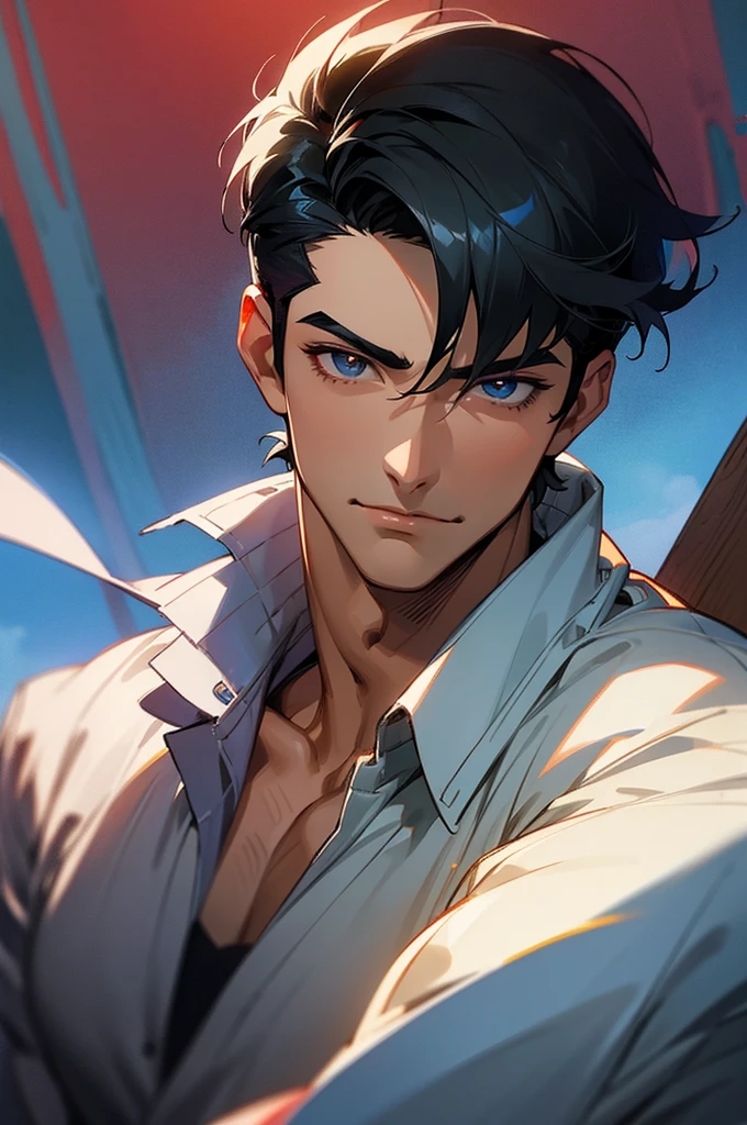 (masterpiece), best quality, expressive eyes, perfect face, anime, guy, black hair and eyes, good looking, muscular, gentle smile, adult, old Hollywood handsome guy, heart throb, cool short hair cut, dramatic lighting, cool clothing