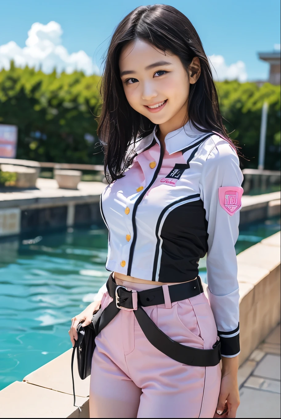 (8K、Raw photography、Highest quality、masterpiece:1.2),(Black Hair、Dark Eyes:1.9),(Wearing a pink and white uniform:1.6)、View your audience,Viewed from the front,White skin,(:1.4)、(Tight waist:1.6)、(Clothes that accentuate the shape of the breasts:1.0)、(Big Breasts :1.3)、Slim figure、Ultra-high resolution,beautiful,beautiful fece,(One person、No background:1.9),whole bodyボディー,Japanese women,(reality的:1.37)、Photon Mapping,reality、(Baby-faced and cute: 1.4)、(Cute Smile: 1.8)、(Round face: 1.8)、Radio City、Physically Based Rendering、Depth of field rally background、photograph, (I can see your knees、Thigh close-up:1.8),(:1.6),whole body、Great quality