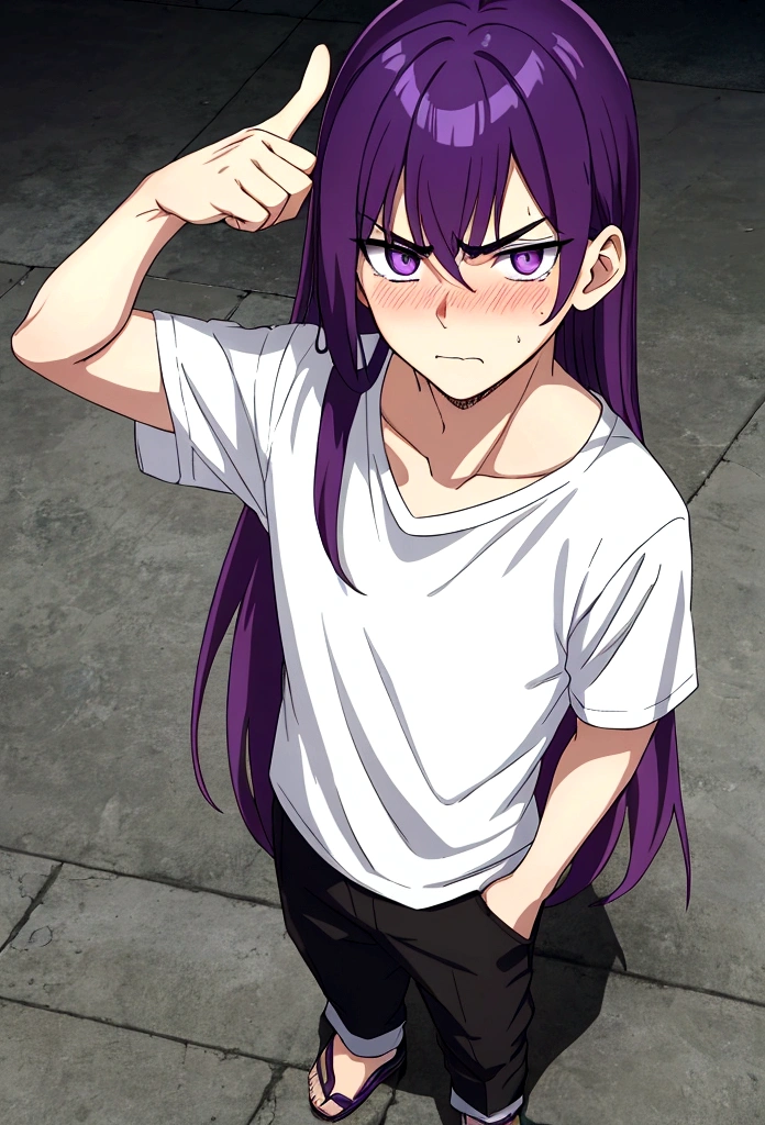 Boy with very long intense violet hair, blushing angry, shy, nervous, pointing forward, white t-shirt, slightly seen from above, whole body, professional manga cover, manga cover