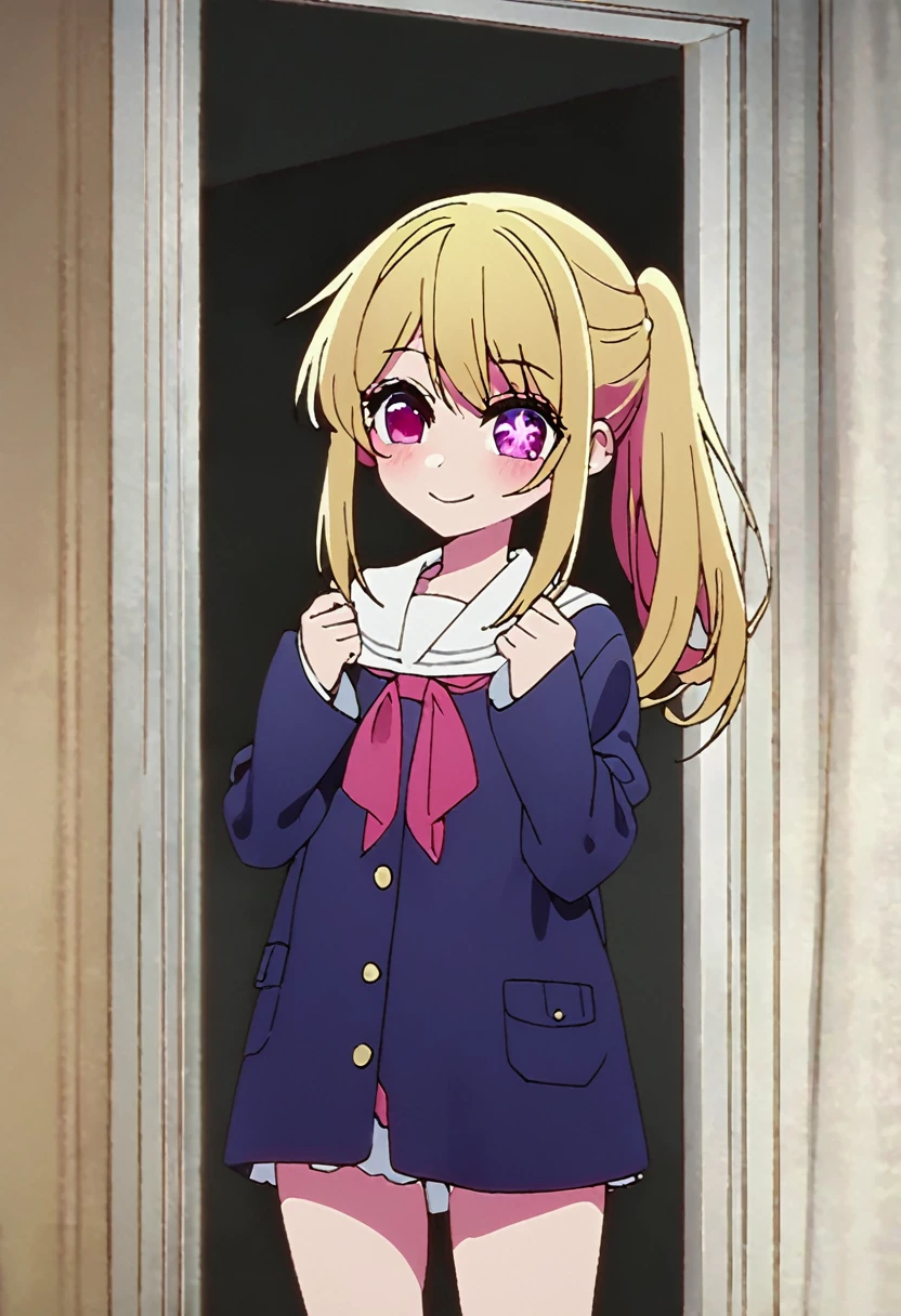 Blonde、Kindergarten clothes、Highest quality、high resolution、8K,Highest quality、Star-shaped pupil、The best smile、long hair、Pink Eyes、ponytail、Cowboy Shot、One person