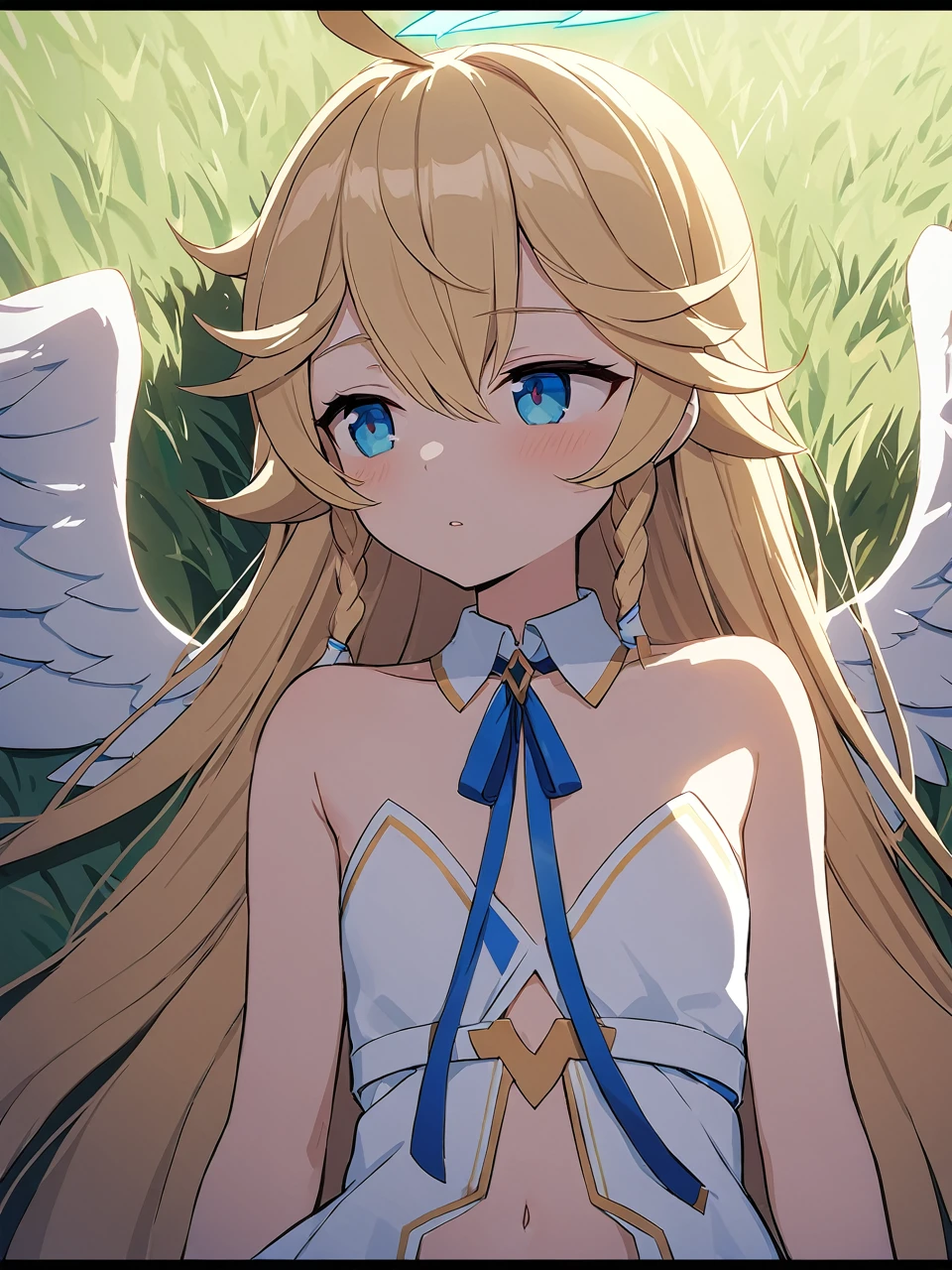 Zaora, blue eyes, (Variegated eyes:0.5), Blonde, Very long hair, Twin Blade, bangs, Ahoge, Hello, Angel, Flat Chest, White Dress, Belly button cutout, Detachable collar, Strapless, Neck ribbon, Bare shoulders, Angel wings, barefoot, One girl, Solo Break Space, grassland, Lying down, Upper Body, Depth of written boundary, Cinematic, masterpiece, Highest quality, Game CG