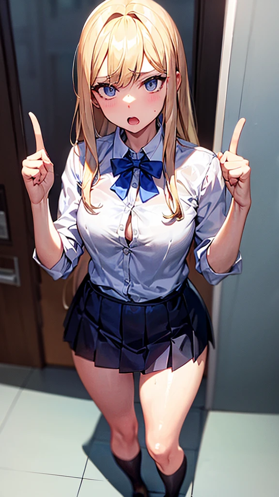 Bully student approaches me with a perverse face as I am a nerd, wearing short skirt, blonde hair, blue eyes, small firm breasts, long sexy legs, bad girl. very tall girl, photo from bellow her, bully, anger face