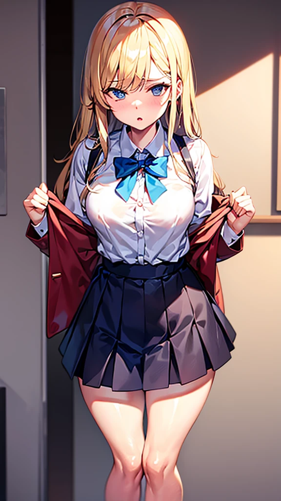 Bully student approaches me with a perverse face as I am a nerd, wearing short skirt, blonde hair, blue eyes, small firm breasts, long sexy legs, bad girl. very tall girl, photo from bellow her, bully, anger face