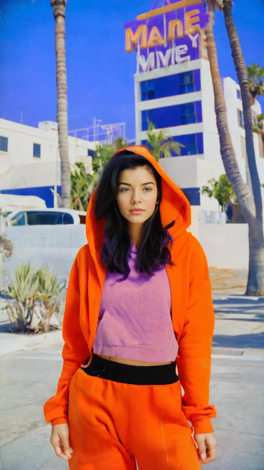 Best Quality,Masterpiece,Ultra High Resolution,(Realisticity:1.4),Original Photo, 23-year-old women,(((Facing forward))),(Very fine eye), (((Wearing a orange color hoodie,Wearing purple color baggy pants))), light leak,dark intens shadow,ultra high resolution,UHD,beautiful, ((black bob hair)), almond eye, no makeup, in front of 80's architecture mondrian colorful motel, (realistic:1.2), (surreal:1.3), (very detailed:1.1), ((masterpiece)),summer, blue sky, (palm trees),sunny, los angles vibes,thick outline. blurry photo. color slide film. 1958