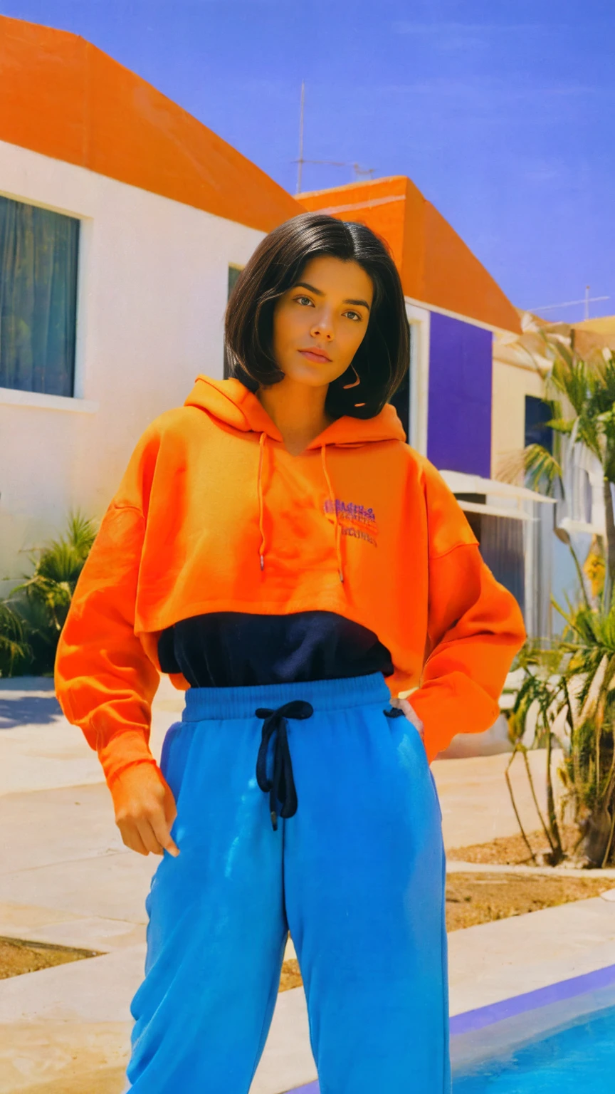 Best Quality,Masterpiece,Ultra High Resolution,(Realisticity:1.4),Original Photo, 23-year-old women,(((Facing forward))),(Very fine eye), (((Wearing a orange color hoodie,Wearing purple color baggy pants))), light leak,dark intens shadow,ultra high resolution,UHD,beautiful, ((black bob hair)), almond eye, no makeup, in front of 80's architecture mondrian colorful motel, (realistic:1.2), (surreal:1.3), (very detailed:1.1), ((masterpiece)),summer, blue sky, (palm trees),sunny, los angles vibes,thick outline. blurry photo. color slide film. 1958