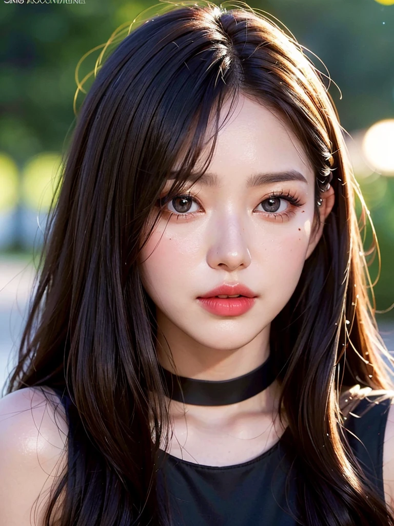 1girl, alone, solitary, high quality, (best quality,4k,8k,highres,masterpiece:1.2),ultra-detailed,(realistic,photorealistic,photo-realistic:1.37),gorgeous hair,black hair,long straight hair with bangs,sharp eyes,mole under the eye,plump lips,jewelry,(high detailed skin:1.4),(rim lighting:1.3),(lit:1.3),(sunny day:1.3),portrait,beautiful lips,waist-length hair,seductive gaze,moles,casual clothes,colorful clothing,close up,super long hair,choker necklace,light eyes,bangs,fringe,20 year old,dimples on the cheeks,dimples,jet black hair,darkhair,dark black hair,black,red lips,red lipstick,round lips,round pouty lips,pouty lips,douyin makeup, sparkly makeup,glitter,contact lenses