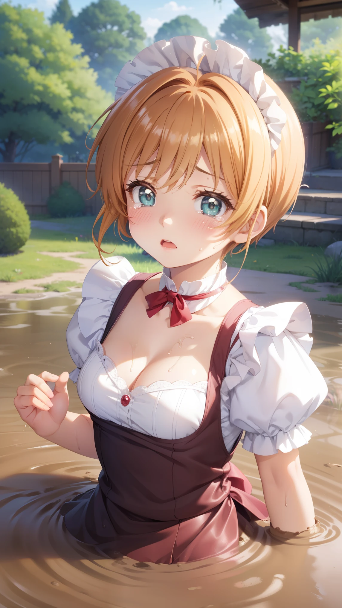masterpiece, best quality, highres, 1girl, detailed face, blush, anime CG style, (medium breasts), (18 year old girl:1.3), (aged up), good lighting, perfect body, sakura kinomoto, glossy lips, cleavage, (curvy), maid, short puffy sleeves, small maid apron, garden, (sinking in mud), upset, tears on cheeks