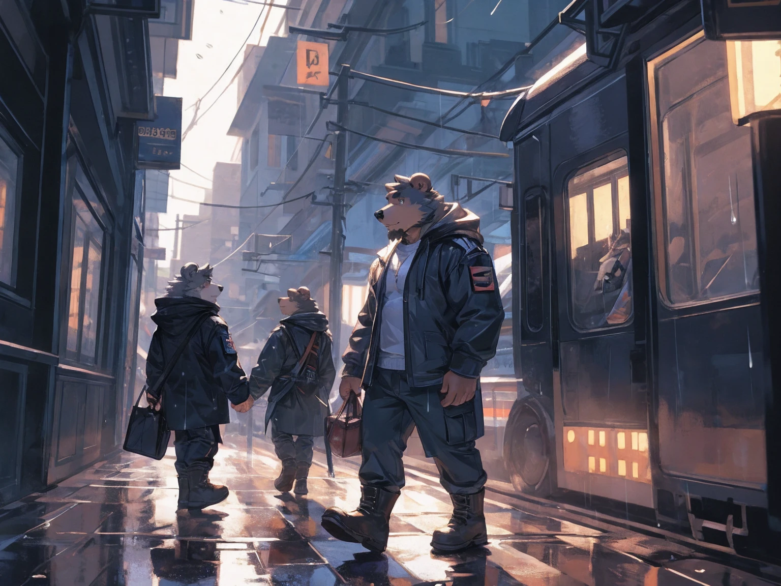 (masterpiece:1.2), best quality,pixiv,official art,perfect anatomy, (Ray tracing, light),solo, (1_male:1.3) , (muscle), (grey fur:1.4), (muscle bear), (beard:1.2), (gleaming golden eyes), bear tail, full body, Thick black eyebrows,(open hooded parka), (naked inside), jeans, (cargo pants:1.2), boots, train station, rain, (waterdrop:0.9), grey sky, raining, (fog:0.4)