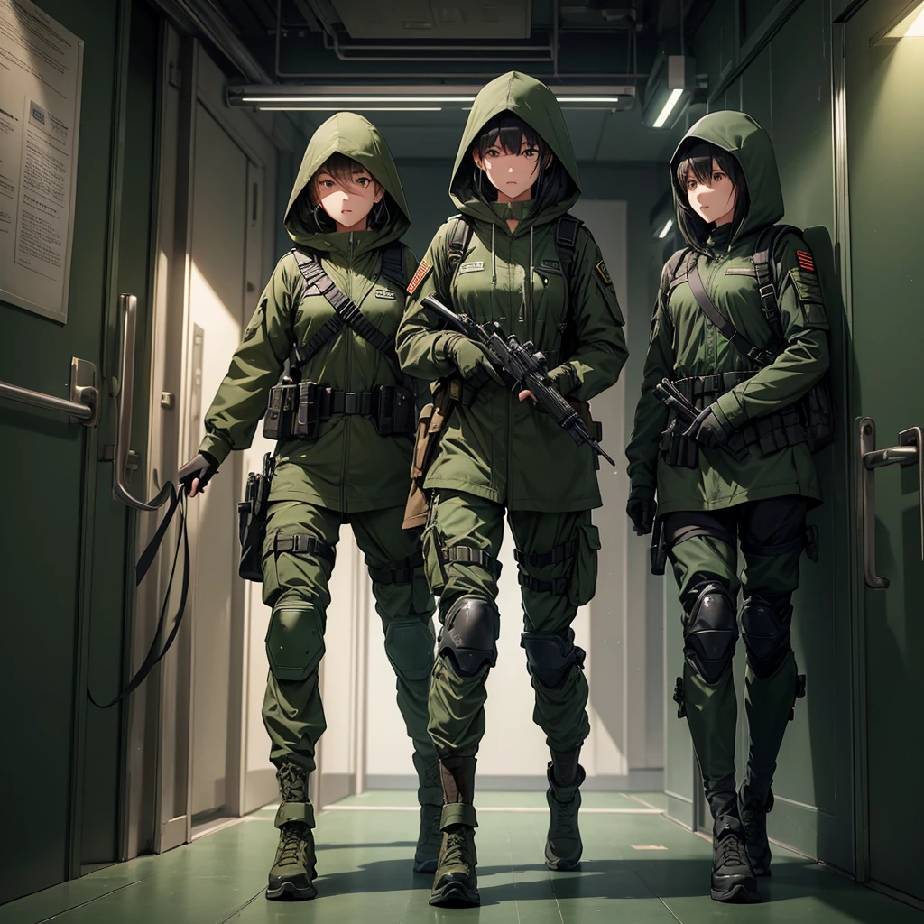 Three female soldiers fighting unarmed、Wearing dark green M-51 hooded military uniform、Hooded on head、Dark green military pants，Wearing a magazine pouch、Tactical harness、Knee pads、In front of the elevator door、best quality、Highly detailed CG、8K picture quality、Theatre lighting、lens flare