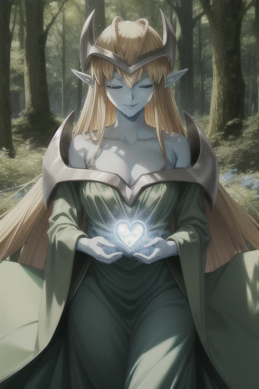 mysticalygo, mystical elf, smile, eyes closed, green dress, long skirt, blue skin, blonde hair, long hair, forest, Yugioh,