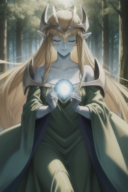 mysticalygo, mystical elf, smile, eyes closed, green dress, long skirt, blue skin, blonde hair, long hair, forest, Yugioh,