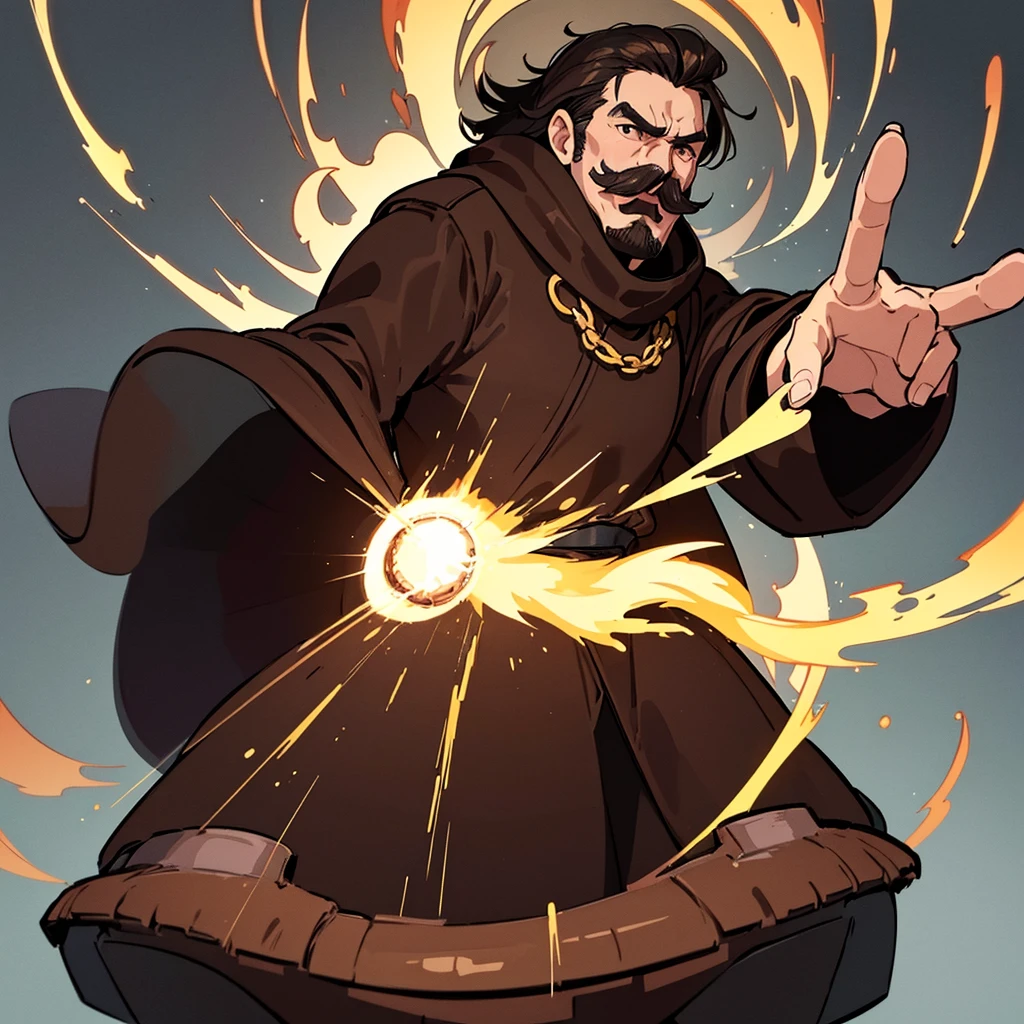 ((((Solo))))、Highest quality, Best Quality,Best illustrations、middle ages、(((Simple brown robe、Black shoes)))、(40-year-old uncle、mature、Kaiser moustache)、(get annoyed、Open your mouth)、Dramatic Angle、Hands glowing red