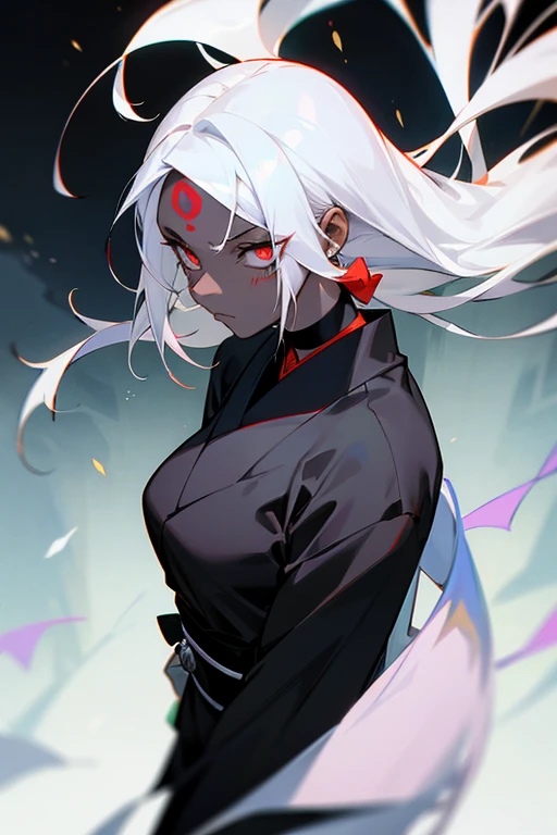 estilo Jujutsu Kaisen. Woman with dark, almost black skin, long white hair. His eyes are clear, almost white,. She has white facial markings on her forehead and below her eyes., similar to symbols or tattoos. Wear a traditional black Japanese kimono. His ears are adorned with various golden accessories.. in the neck, she wears a choker that reinforces her mystical appearance.