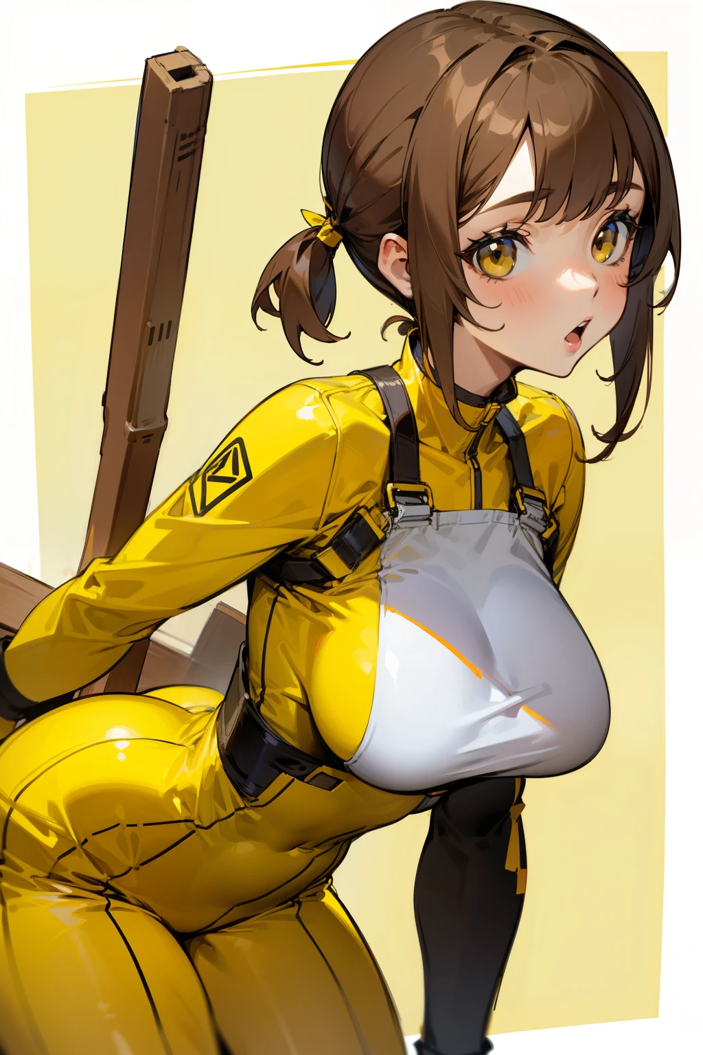 Girl, tight yellow clothes, hoe, pigtails, Short brown hair, big breasts