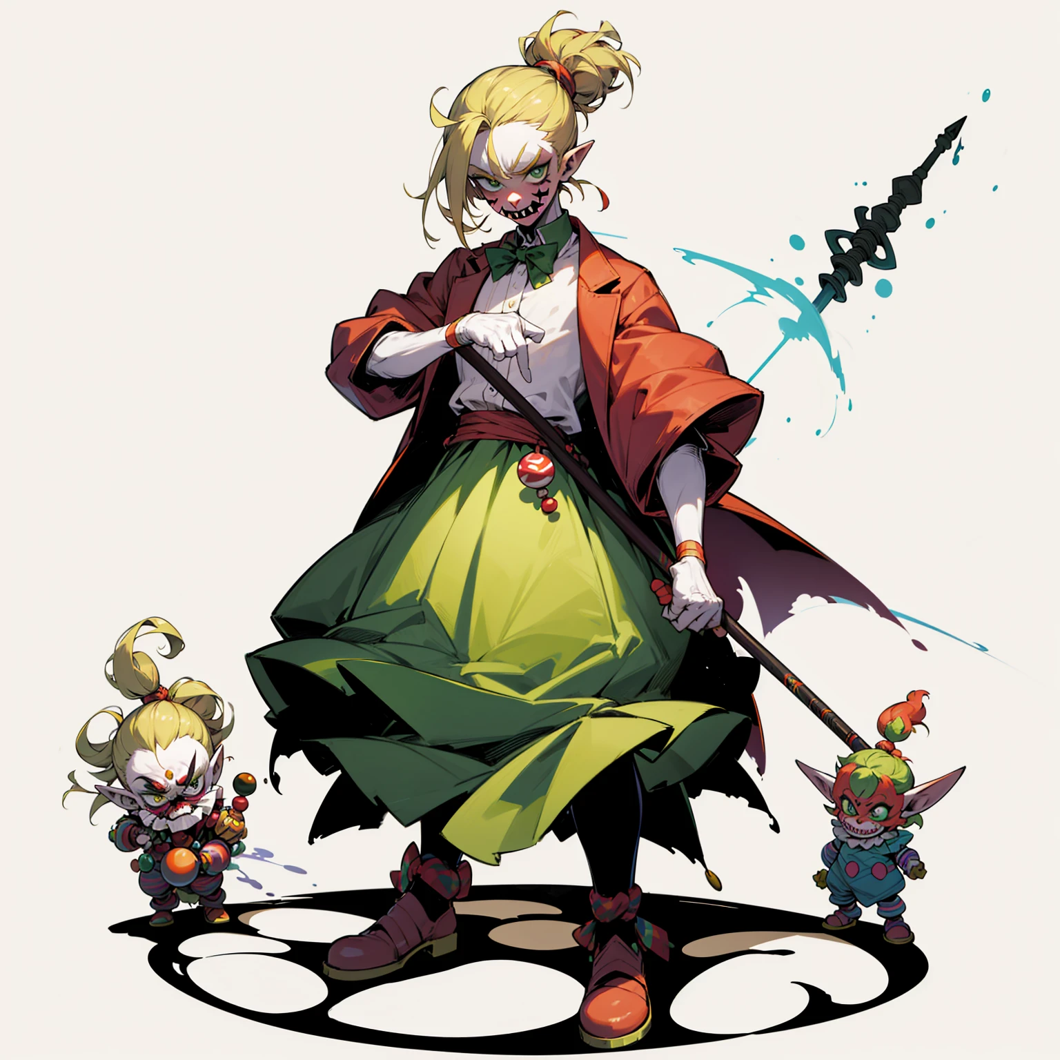 Random evolution, circuit clown, mascot, goblin man, (full body version), (1Man), (Clown make up on face), green eyes, blonde colour hair, man bun hairstyle, ((Whip weapon in hand)), Grassroots 