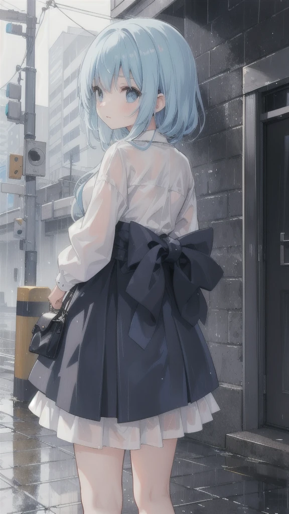 girl standing far away，Alone in the heavy rain，Heavy rain dyes the scene blue