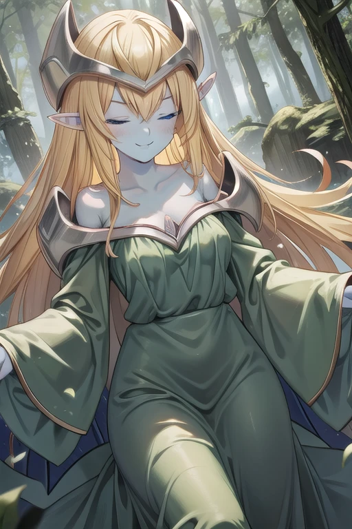 mysticalygo, mystical elf, smile, medium breasts, eyes closed, green dress, long skirt, blue skin, blonde hair, long hair, forest, Yugioh,