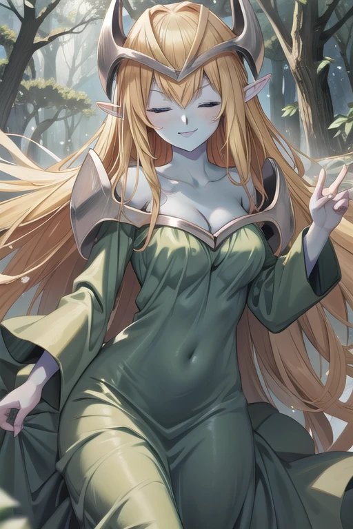 mysticalygo, mystical elf, smile, medium breasts, eyes closed, green dress, long skirt, blue skin, blonde hair, long hair, forest, Yugioh, 