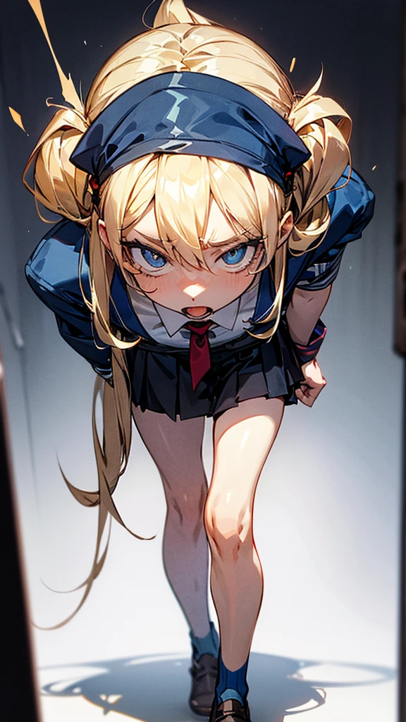 Bully student approaches me with a perverse face as I am a nerd, wearing short skirt, blonde hair, blue eyes, small firm breasts, long sexy legs, bad girl. very tall girl, photo from bellow her, bully, anger face