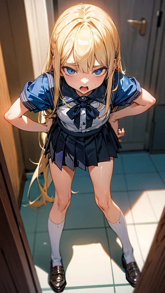 Bully student approaches me with a perverse face as I am a nerd, wearing short skirt, blonde hair, blue eyes, small firm breasts, long sexy legs, bad girl. very tall girl, photo from bellow her, bully, anger face