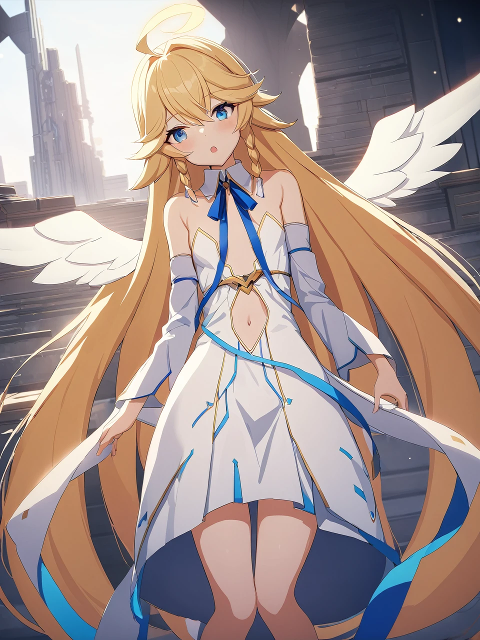 Zaora, blue eyes, (Variegated eyes:0.5), Blonde, Very long hair, Twin Blade, bangs, Ahoge, Hello, Angel, Flat Chest, White Dress, Belly button cutout, Detachable collar, Strapless, Neck ribbon, Bare shoulders, Angel wings, barefoot, One girl, Solo Break Space, Future City, Depth of written boundary, Cinematic, masterpiece, Highest quality, Game CG