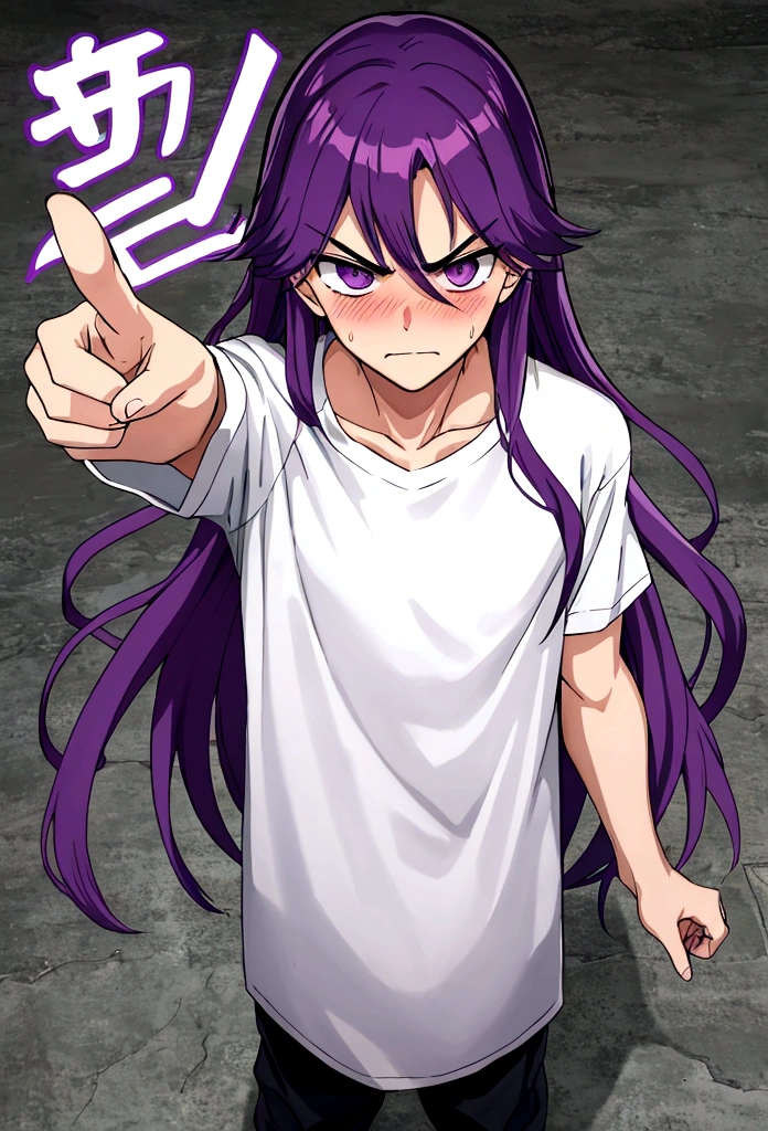 Boy with very long intense violet hair, blushing angry, shy, nervous, pointing forward, white t-shirt, slightly seen from above, whole body, professional manga cover, manga cover