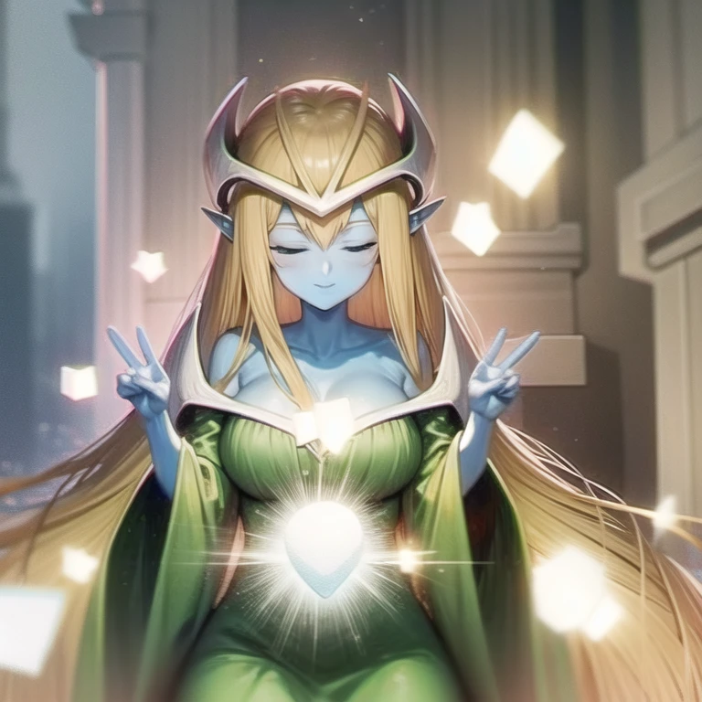 mysticalygo, mystical elf, smile, medium breasts, eyes closed, green dress, long skirt, blue skin, blonde hair, long hair, forest, Yugioh,