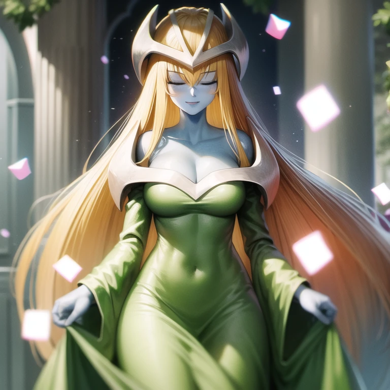 mysticalygo, mystical elf, smile, medium breasts, eyes closed, green dress, long skirt, blue skin, blonde hair, long hair, forest, Yugioh, 