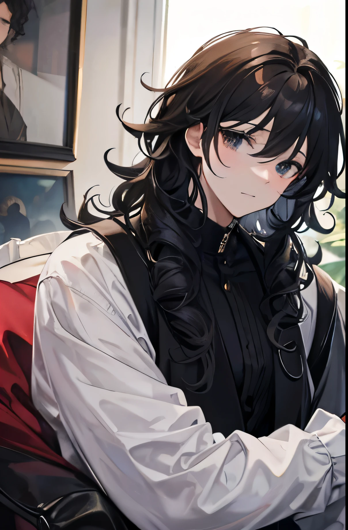 Best quality,high detail,masterpiece,1 man,black curly hair,black eye,