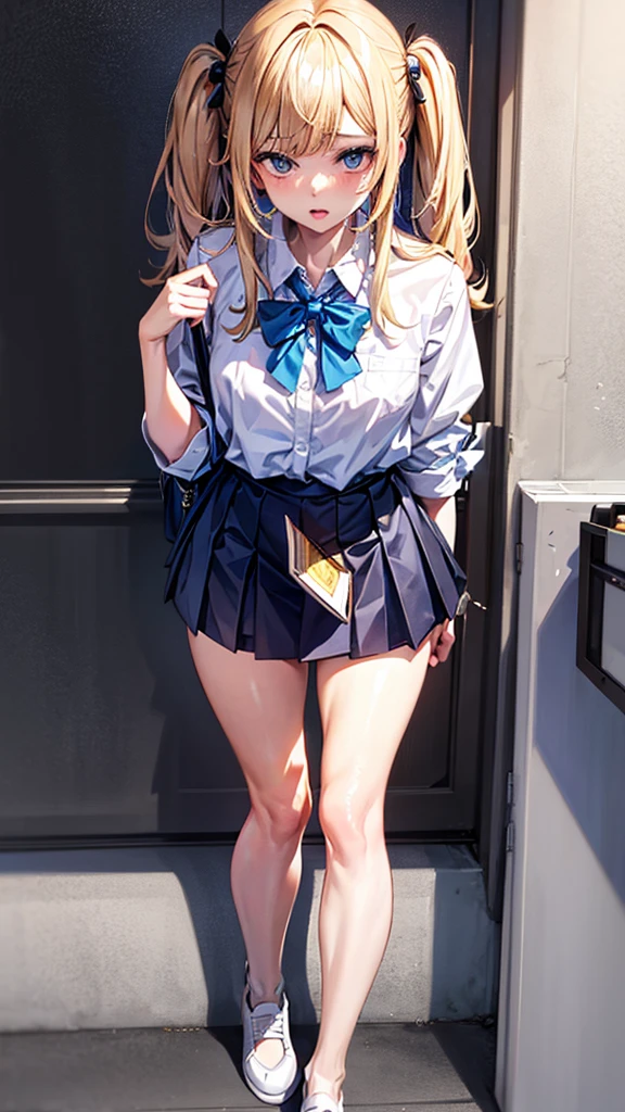 Bully student approaches me with a perverse face as I am a nerd, wearing short skirt, blonde hair, blue eyes, small firm breasts, long sexy legs, bad girl. very tall girl, photo from bellow her, bully, anger face