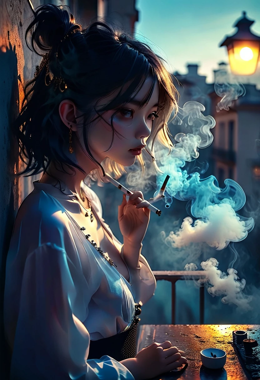 night、balcony、Smoke a cigarette, colored inner hair, black hair, medium hair, mole under eye, sad, Surrealism, chiaroscuro, afterimage, from behind, from side, UHD, textured skin