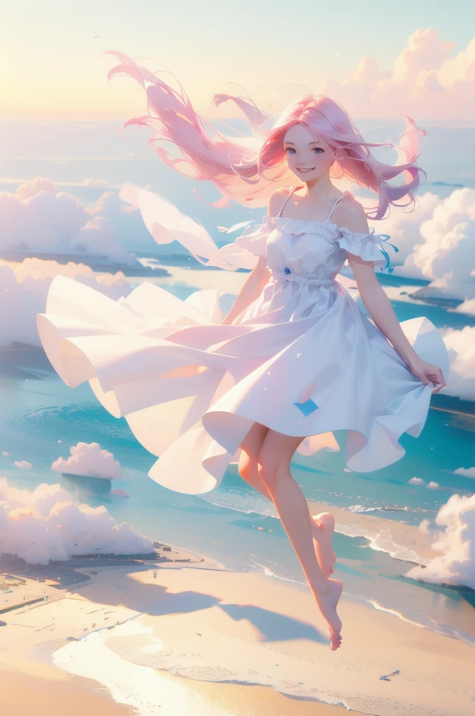 ((best quality, masterpiece, absurdres, super-resolution)) 1girl, close-up, (wind blowing hair), hair flying, pink hair, big smile, movements, (windy), strong wind, strong breeze, white sundress, bare shoulder, barefoot, flying dandelion, zb spring, zhiyu, from above, floating in the air, leg up, 