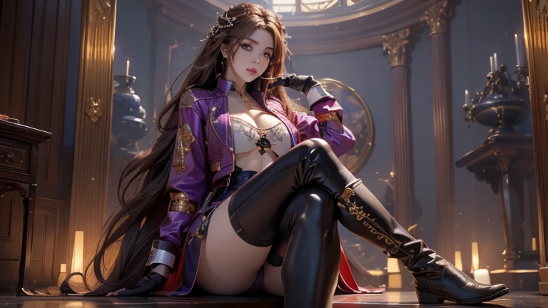 (8k, best quality, masterpiece: 1.2), highly detailed, Masterpiece, realistic lighting, masterpiece, best quality, masterpiece, official artwork, highly detailed 8k unity CG wallpaper, beautiful eye details, sharp and beautiful eye highlights, long hair, reddish polish, woman wearing a purple jacket and brown leather trousers, large breasts, wearing leather boots, gloves, tied hair ornament, bracelets.