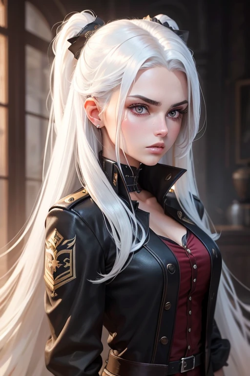 21 years old European girl. She is masculine With long dark white hair. She looks mean.