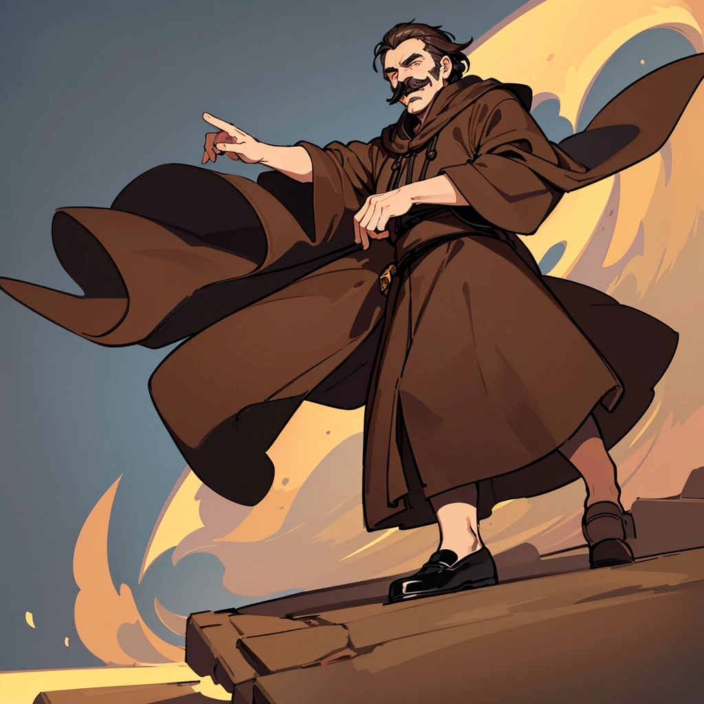 ((((Solo))))、Highest quality, Best Quality,Best illustrations、middle ages、(((Simple brown robe、Black shoes)))、(40-year-old uncle、mature、Kaiser moustache)、(smile)、Dramatic Angle