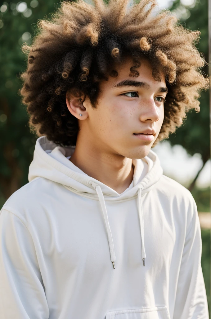 16 year old teenager boy with puffy hair, white colores skin with freckles listening to music