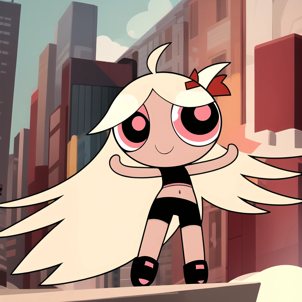 ((( white long hair,))) smile,chibi, full body,1girl, pinkish red eyes, Black short-sleeved shirt showing off your stomach, black shorts