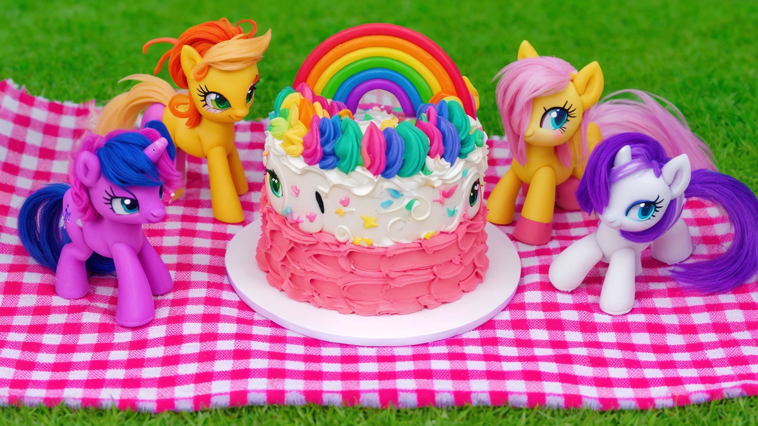 on the grass, on a pink checkered tablecloth. there is a white plate with cake, white and pink cream cake, Rainbow confectionery powder on the cake, top rainbow gradient cream, polymer clay rainbow, рядом стоят пластиковые pony toys из мультфильма My Little Pony, pony toys, beautiful light, sunlight, sunny day, beautiful lighting, bright announcement, several light sources, Realistic style, realistic textures, high quality, high detail, detailed texture, ultra 4k hd