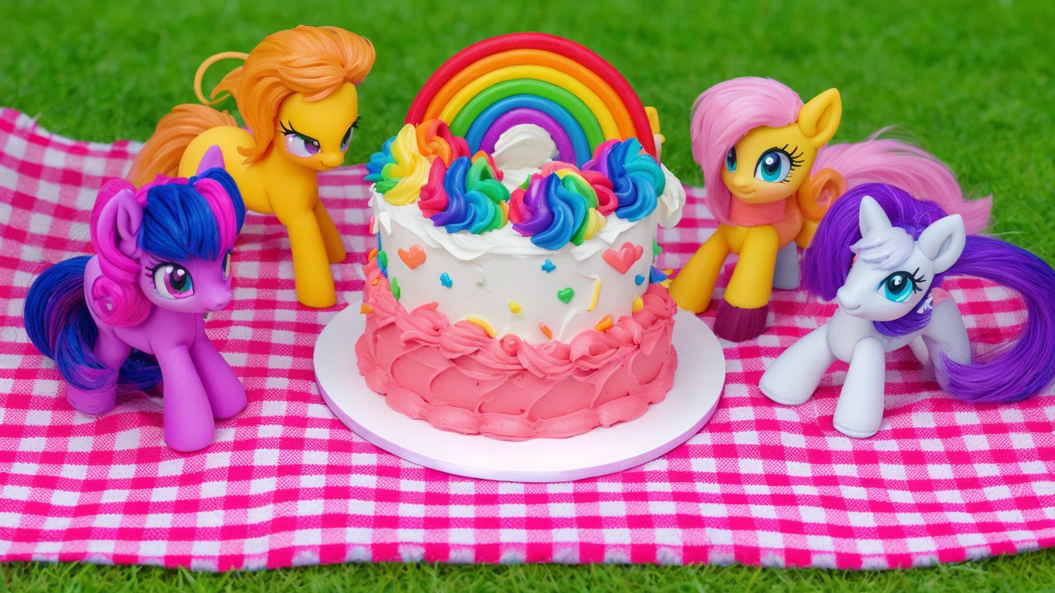 on the grass, on a pink checkered tablecloth. there is a white plate with cake, white and pink cream cake, Rainbow confectionery powder on the cake, top rainbow gradient cream, polymer clay rainbow, рядом стоят пластиковые pony toys из мультфильма My Little Pony, pony toys, beautiful light, sunlight, sunny day, beautiful lighting, bright announcement, several light sources, Realistic style, realistic textures, high quality, high detail, detailed texture, ultra 4k hd