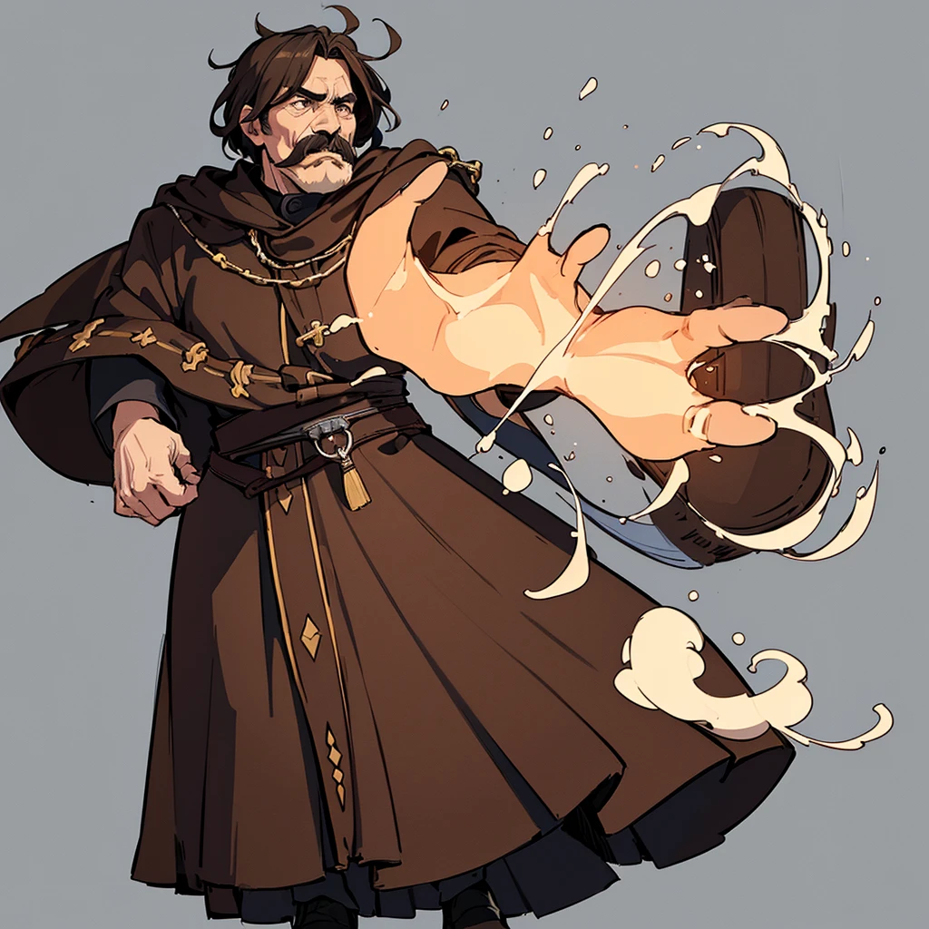 ((((Solo))))、Highest quality, Best Quality,Best illustrations、middle ages、(((Simple brown robe、Black shoes)))、(40-year-old uncle、mature、Kaiser moustache)、(anxiety、fear)、Dramatic Angle