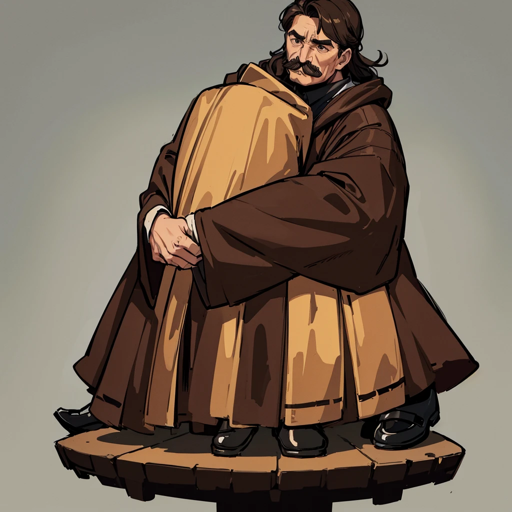((((Solo))))、Highest quality, Best Quality,Best illustrations、middle ages、(((Simple brown robe、Black shoes)))、(40-year-old uncle、mature、Kaiser moustache)、(anxiety、fear)、Dramatic Angle