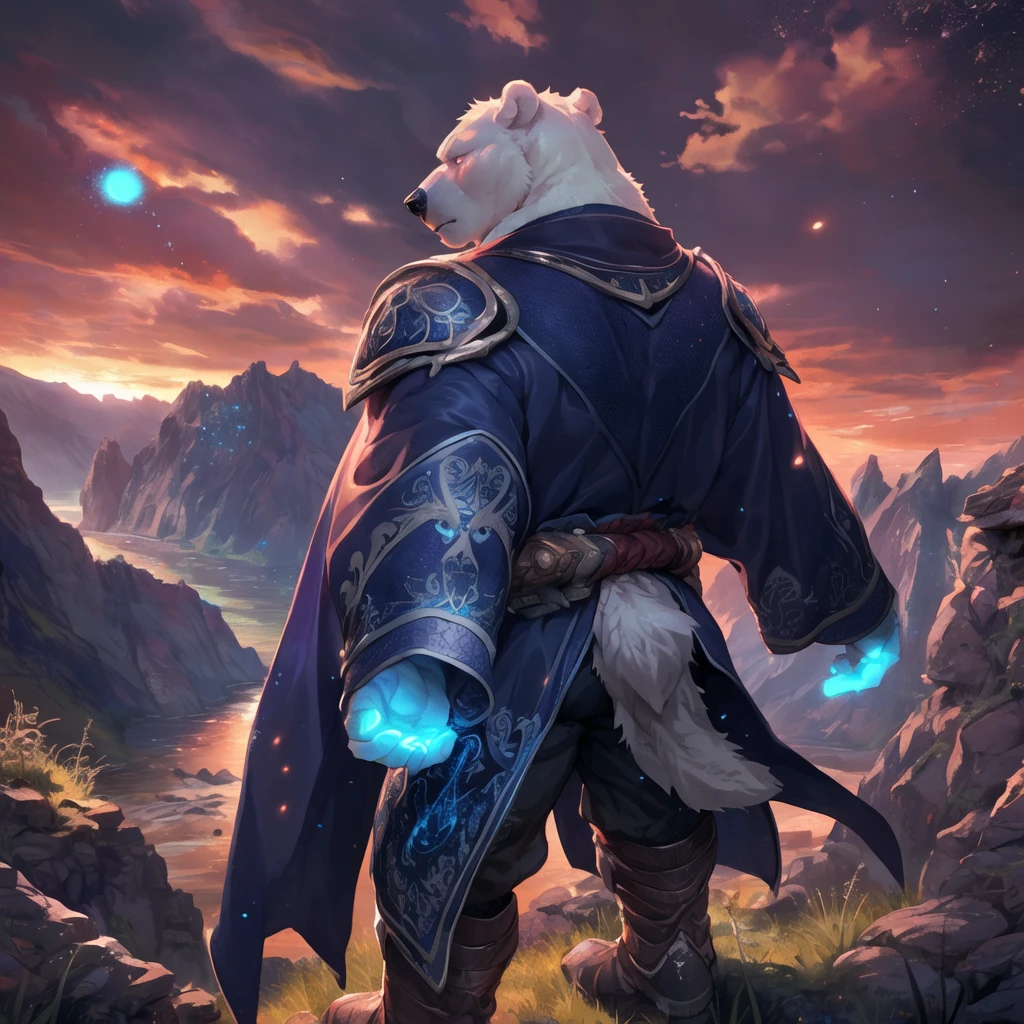solo, male, mature male, (male anthro polar bear:1.3), (blue body:1.1), (standing:1.3), (kemono:1.2), (sunset:1.23), armor, (robe), (looking in front:1.2), raised head, (rear view), landscapes, cliff, dawn, horizon, detailed eyes, portrait,, (detailed eyes), (outside:1.35), grass, hill, (cloud), (particles ,firefly, blue glowing:1.3), detailed background, 8k hd, (dark shadows, wide dynamic range, hdr, low light:1.2), by Pino Daeni, barazoku, [by dagasi, by zixiong], cygames, by null-ghost, (scenery)